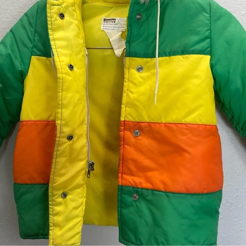 Vintage Kids Jacket Coat Unisex Montgomery Ward Green Yellow 80s